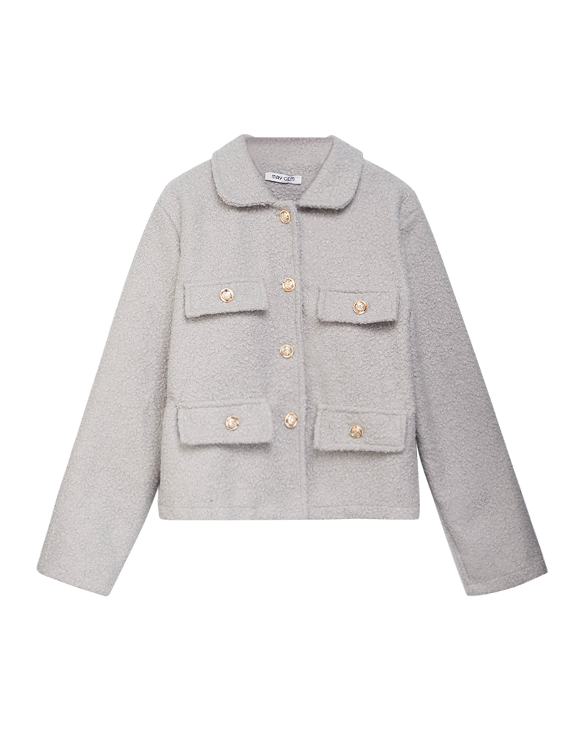 Kurze elegante Teddy Jacke mit vier dekorativen Taschen Kurze elegante Teddy Jacke mit vier dekorativen Taschen