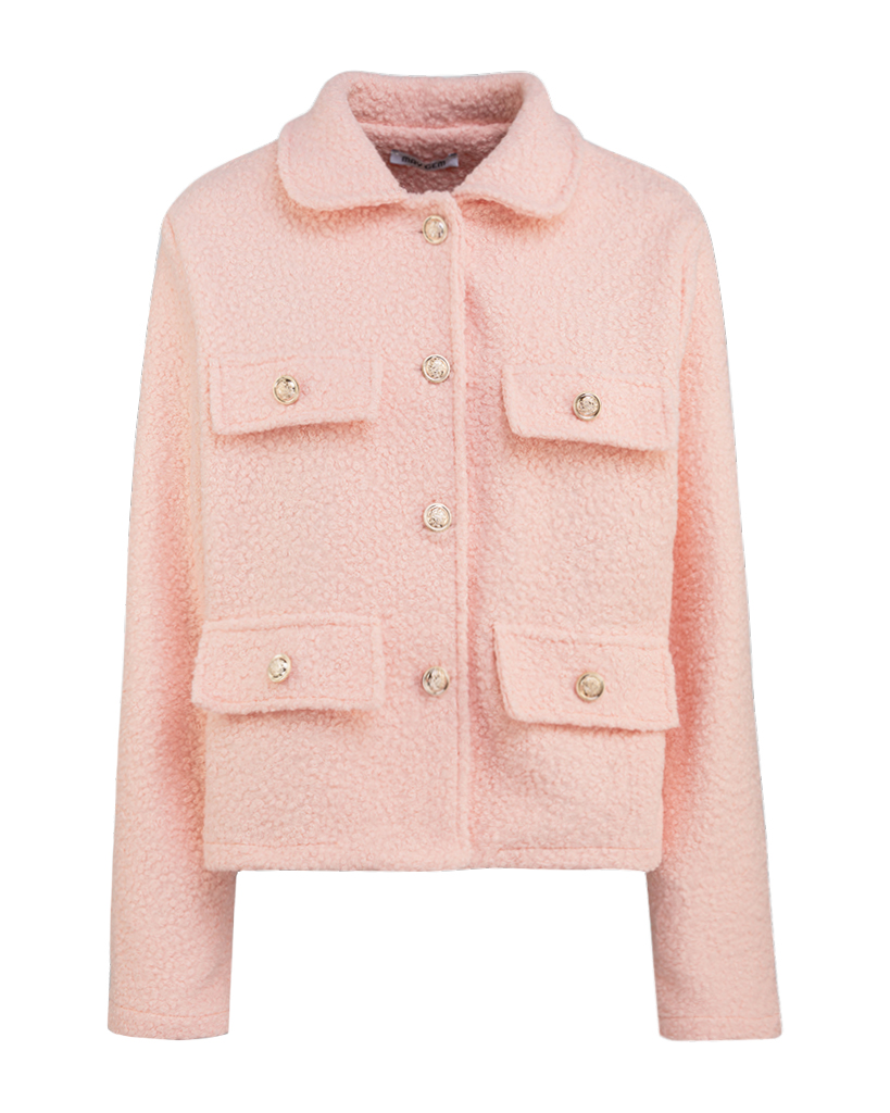 Kurze elegante Teddy Jacke mit vier dekorativen Taschen Kurze elegante Teddy Jacke mit vier dekorativen Taschen