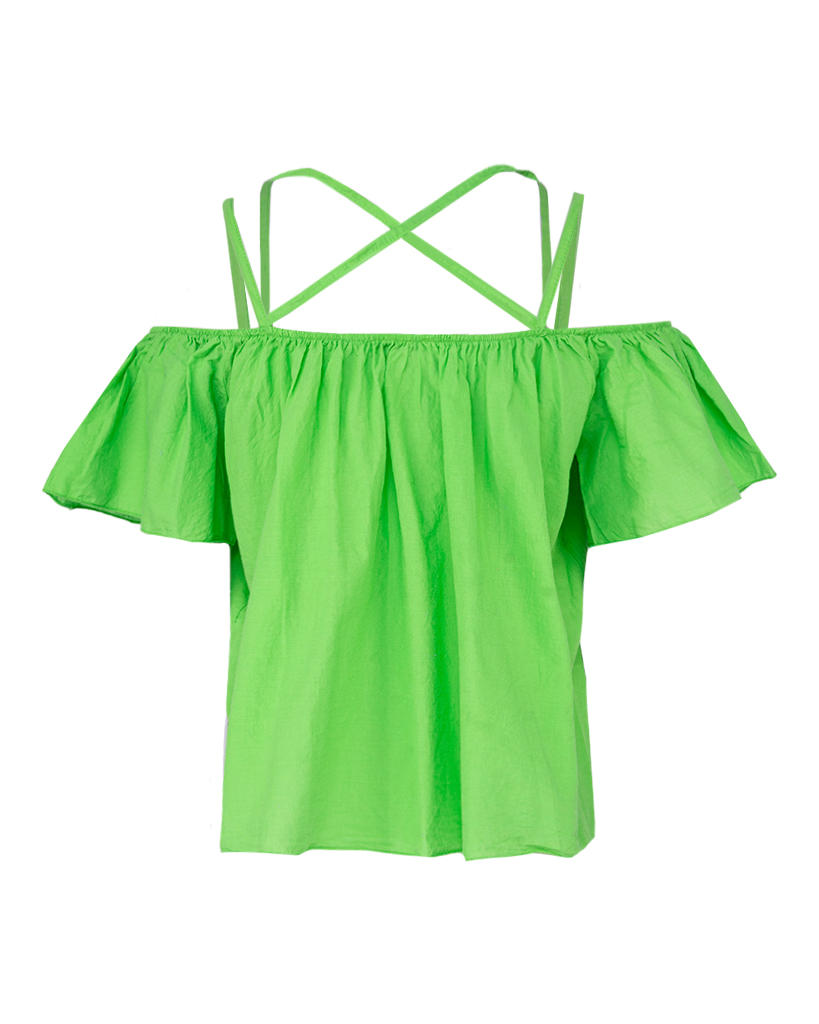 lockeres Crop-Top mit Off-Shoulder und gekreuzten Spaghettiträgern lockeres Crop-Top mit Off-Shoulder und gekreuzten Spaghettiträgern