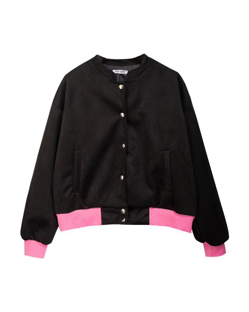 Velour Leder Bomberjacke mit bunter bund 