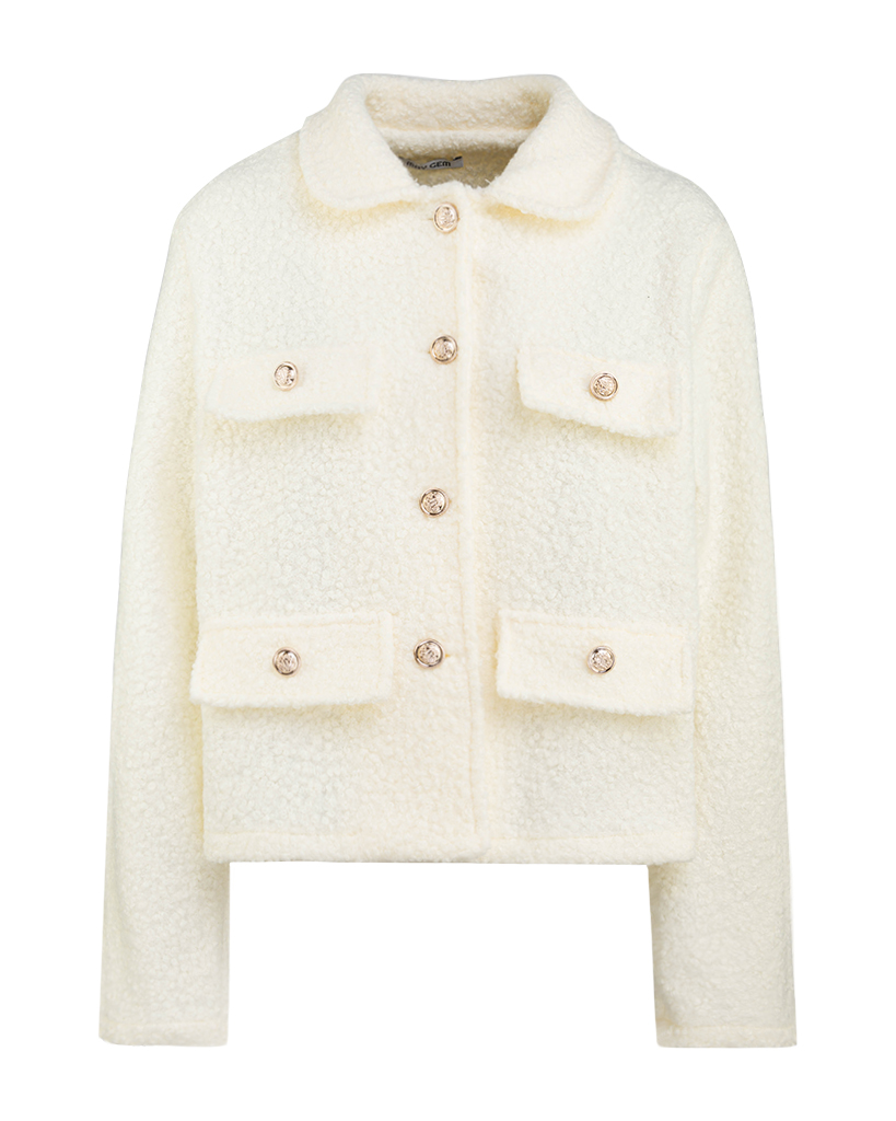 Kurze elegante Teddy Jacke mit vier dekorativen Taschen Kurze elegante Teddy Jacke mit vier dekorativen Taschen