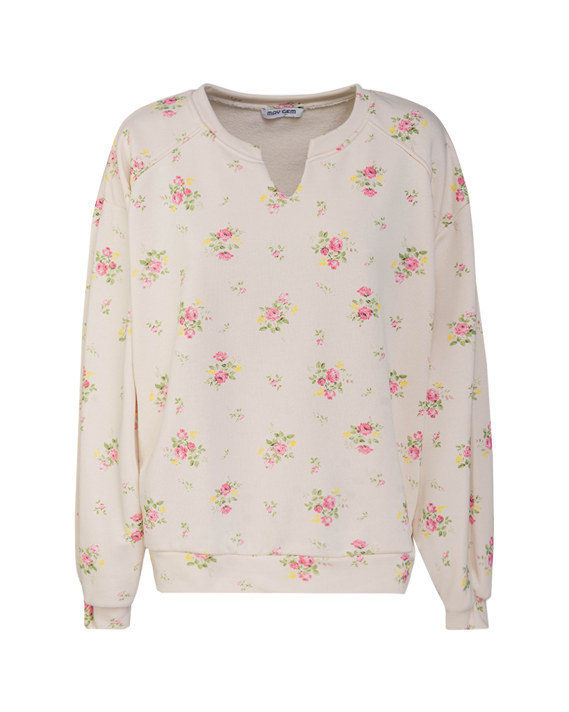Blumenmuster Sweatshirt mit eingeschnittenem V-Kragen Blumenmuster Sweatshirt mit eingeschnittenem V-Kragen