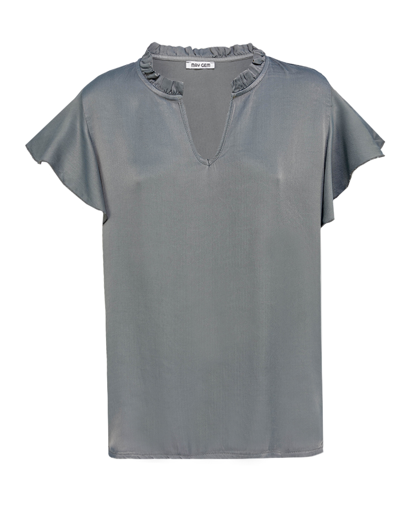 Satin T-Shirt mit Valance Ärmeln und V-Ausschnitt Satin T-Shirt mit Valance Ärmeln und V-Ausschnitt