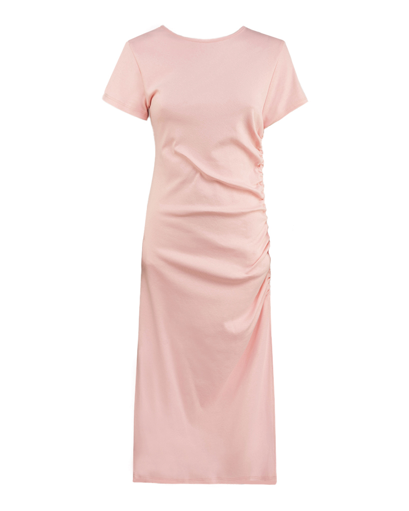 enges T-Shirt-Kleid mit seitlicher Raffung links enges T-Shirt-Kleid mit seitlicher Raffung links