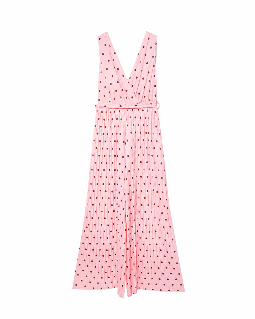 Fließender V-Wickel Jumpsuit mit Polka Dots & Taillenbindegürtel Fließender V-Wickel Jumpsuit mit Polka Dots & Taillenbindegürtel