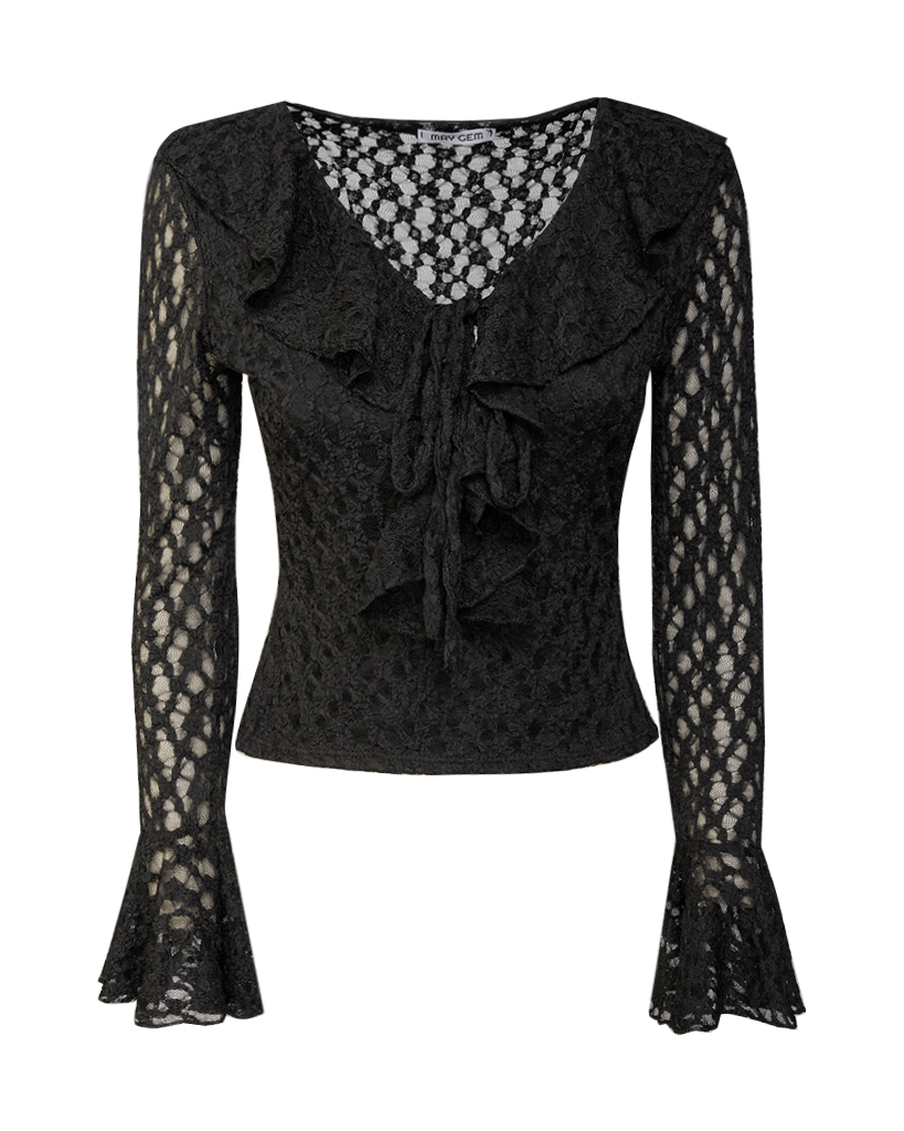 Spitzenbluse mit V-Ausschnitt und Schleifen-Detail Spitzenbluse mit V-Ausschnitt und Schleifen-Detail