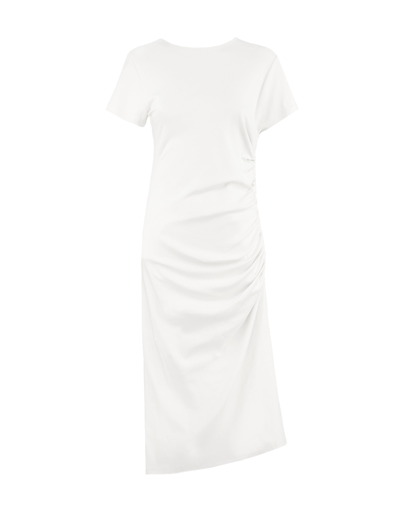 enges T-Shirt-Kleid mit seitlicher Raffung links enges T-Shirt-Kleid mit seitlicher Raffung links