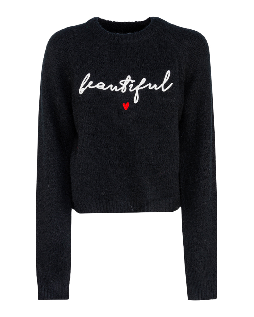 kurzer Strick Pullover mit "beautiful" gestickt