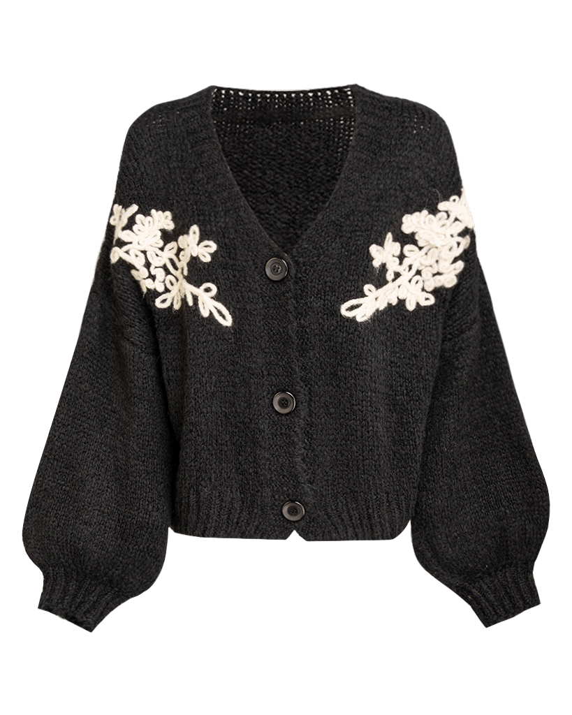 Oversize Strickjacke mit Blumen-Stickerei