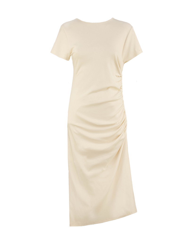 enges T-Shirt-Kleid mit seitlicher Raffung links enges T-Shirt-Kleid mit seitlicher Raffung links