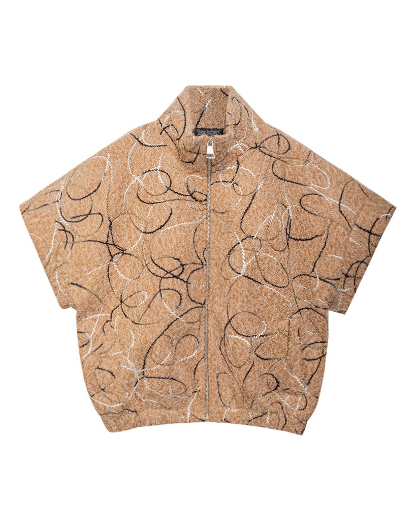 Kurzarm Filzweste mit Kragen und geschwungenem Linie Muster