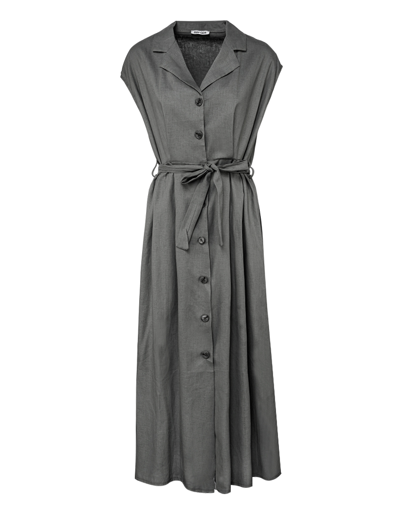 langes Leinen Kleid mit kurzen Ärmeln und Gürtel