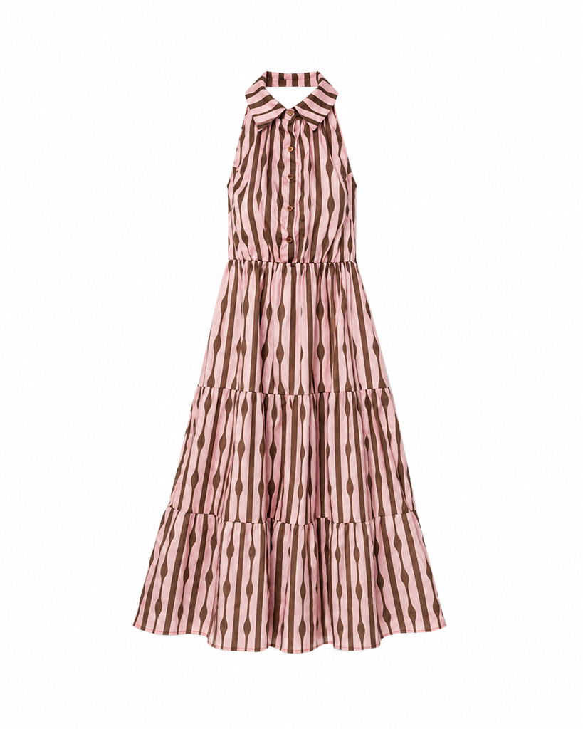 Gestuftes Streifen Maxikleid mit Hemdkragen & Rüschenrock Gestuftes Streifen Maxikleid mit Hemdkragen & Rüschenrock