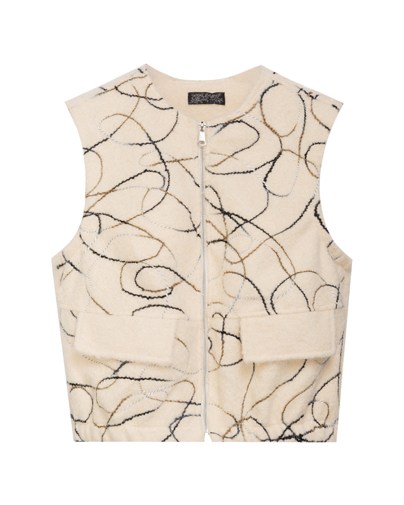 Ärmellose Strickweste mit Reißverschluss und geschwungenem Linienmuster 