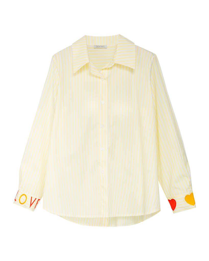 Gestreifte Oversize-Hemdbluse mit „Love“- und Herz-Stickerei Gestreifte Oversize-Hemdbluse mit „Love“- und Herz-Stickerei
