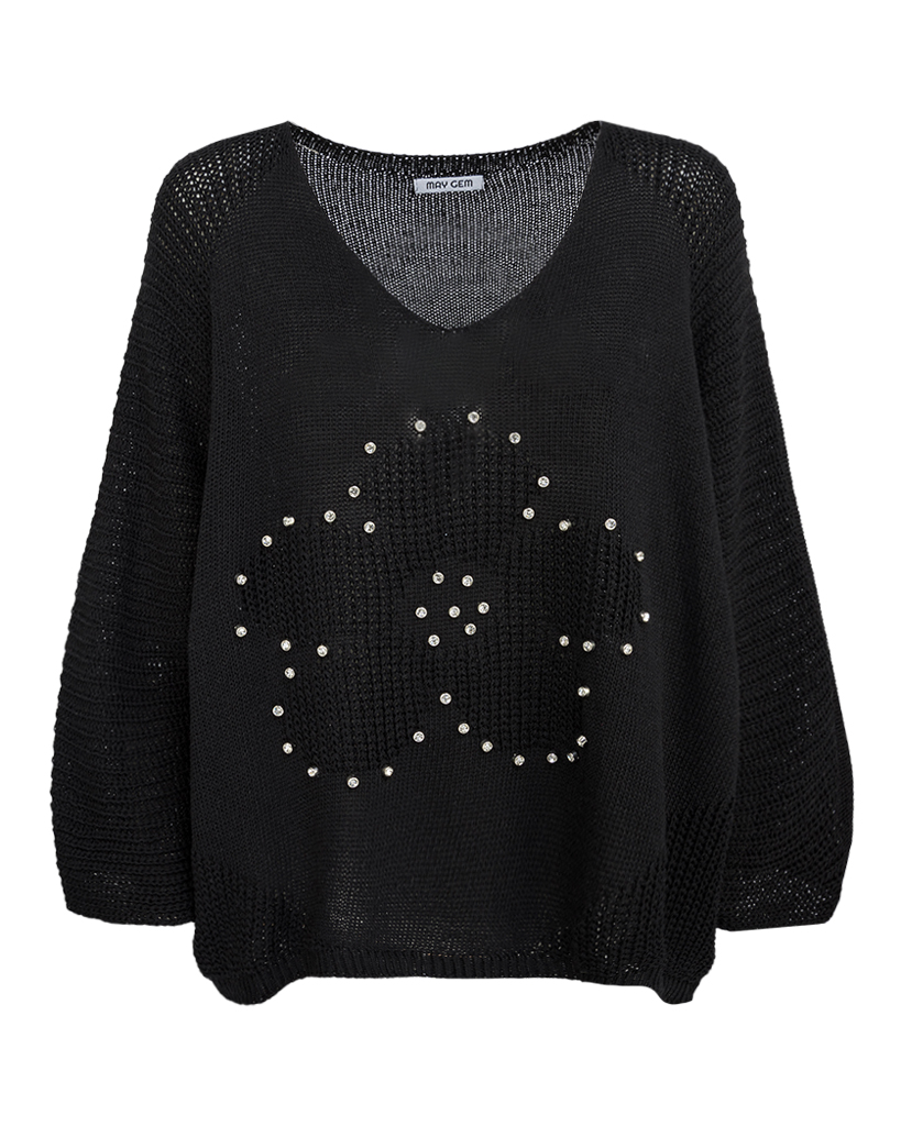 Strick Pullover mit glitzernden Steinchen in Blumenform Strick Pullover mit glitzernden Steinchen in Blumenform
