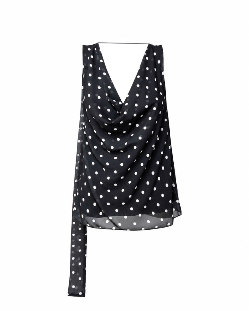 Transparenter Polka Dot Neckholder mit Wasserfallkragen & langem Bindegürtel Transparenter Polka Dot Neckholder mit Wasserfallkragen & langem Bindegürtel