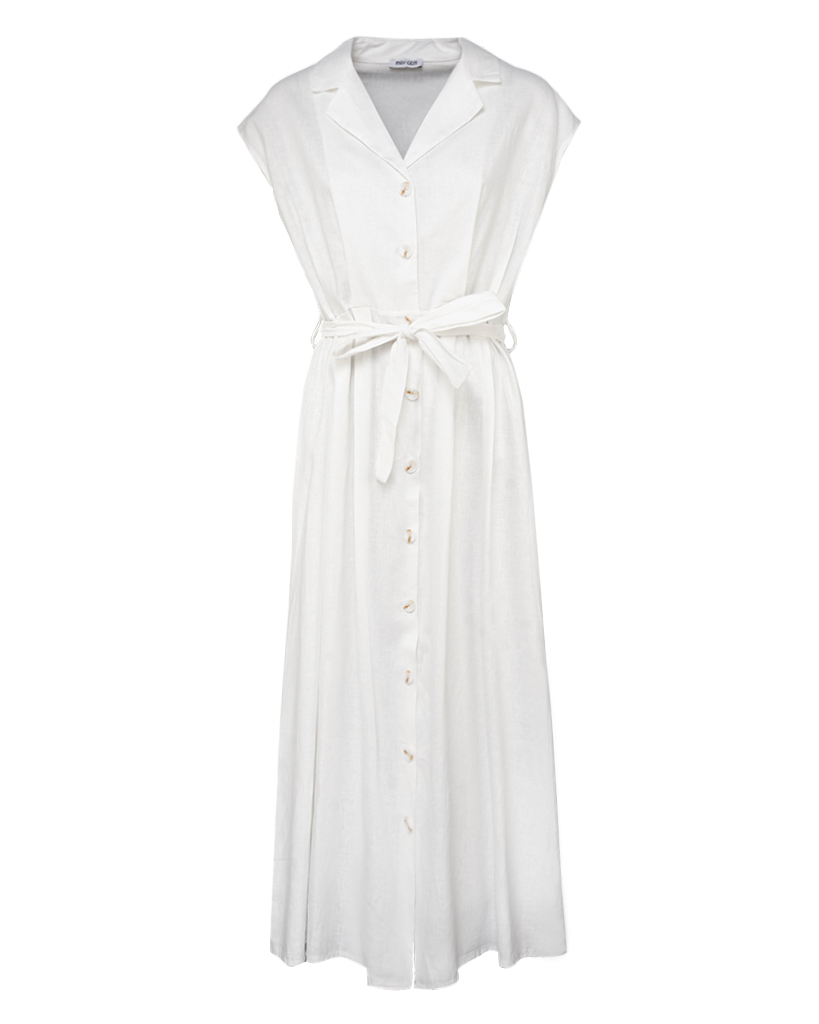 langes Leinen Kleid mit kurzen Ärmeln und Gürtel