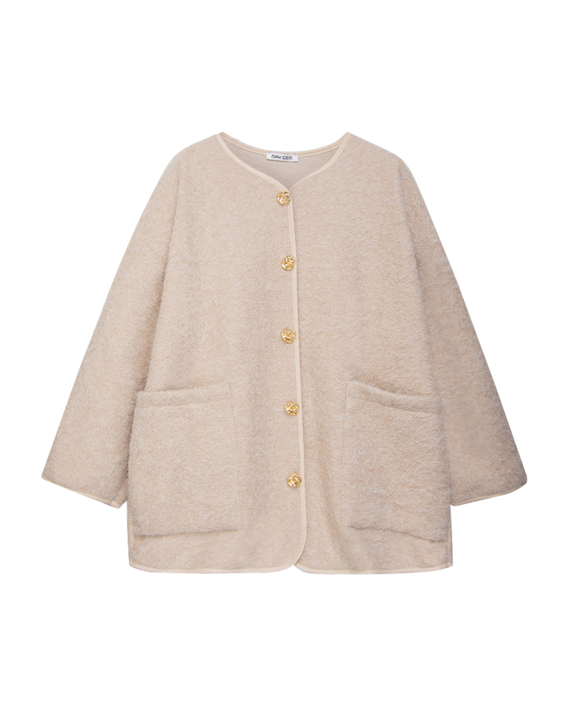Jacke aus Fell-Filz mit Paspelband und Golden Knoten Knopf Jacke aus Fell-Filz mit Paspelband und Golden Knoten Knopf