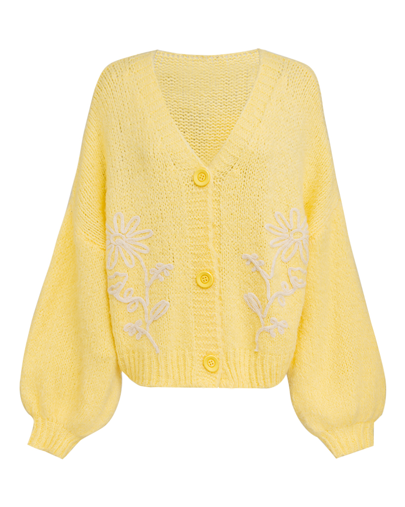 Oversize Strickjacke mit Blumen-Stickerei unten