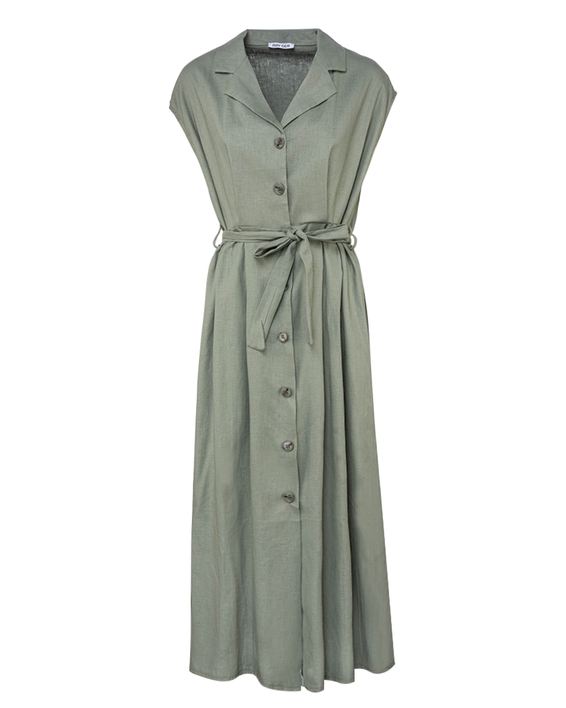 langes Leinen Kleid mit kurzen Ärmeln und Gürtel langes Leinen Kleid mit kurzen Ärmeln und Gürtel