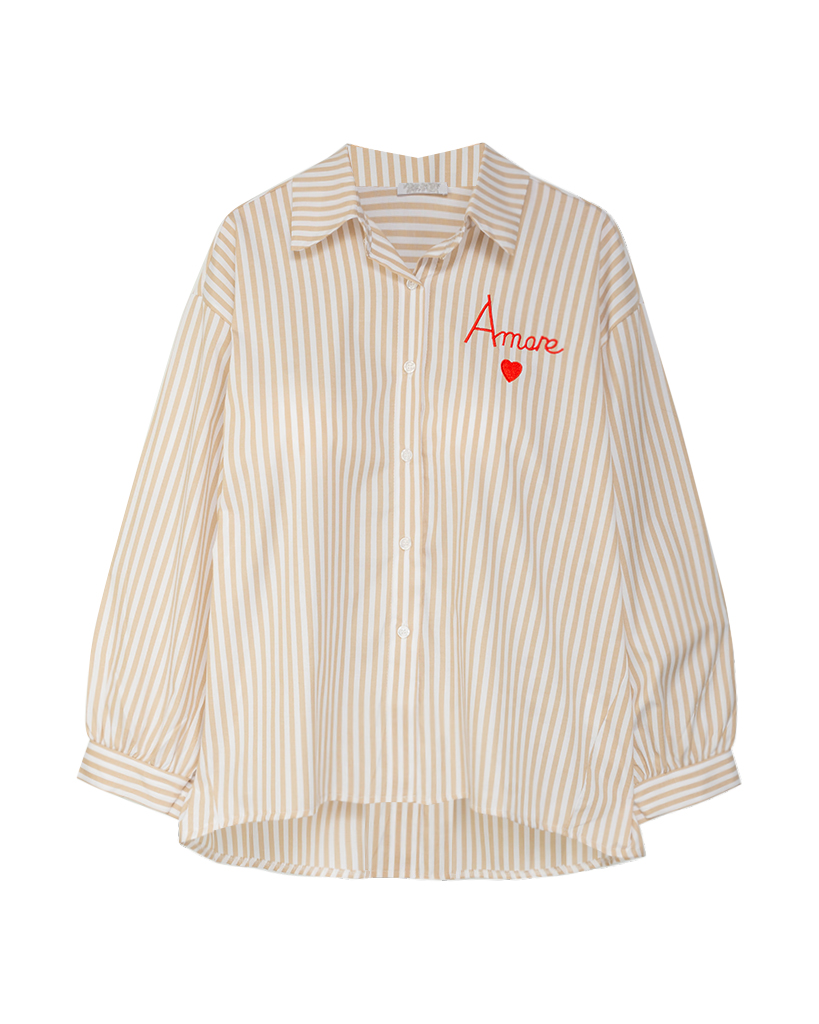 Gestreifte Hemdbluse mit „Amore“ und Herz-Stickerei Gestreifte Hemdbluse mit „Amore“ und Herz-Stickerei