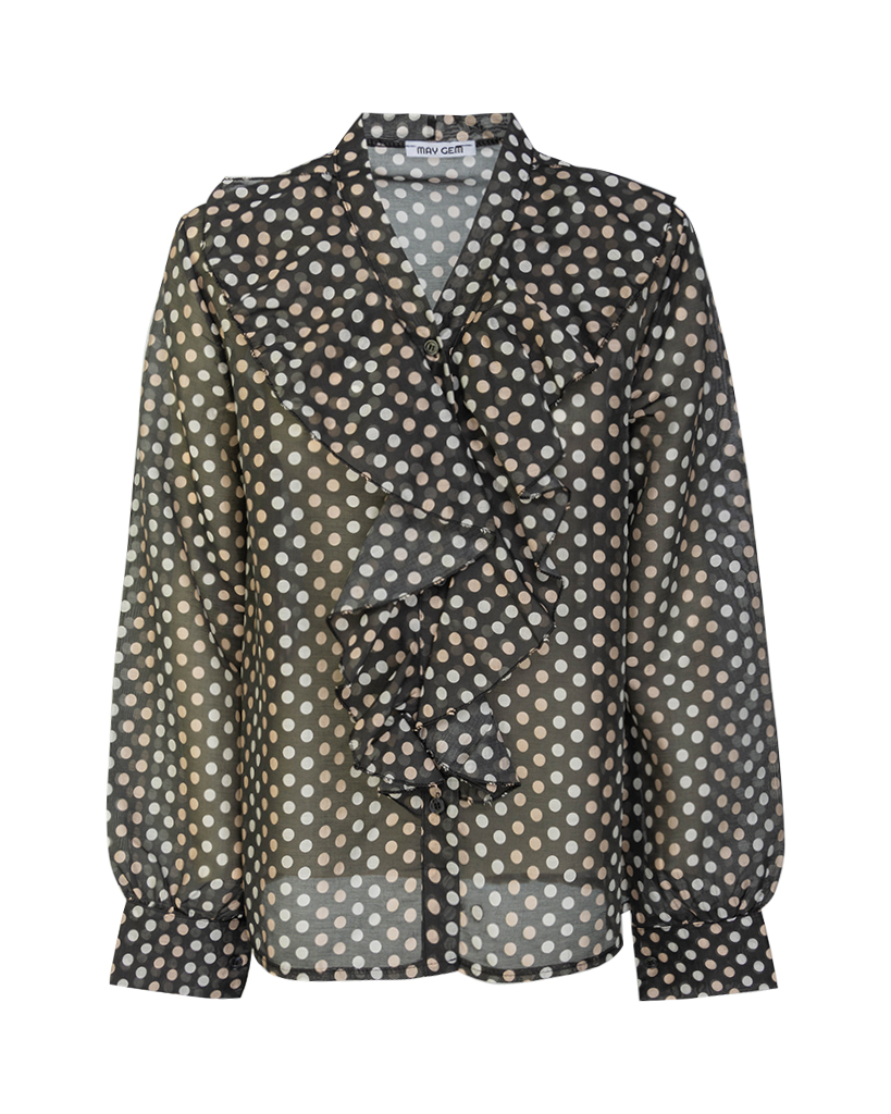 Tencel-Bluse mit Punkte-Muster und Volant-Ausschnitt