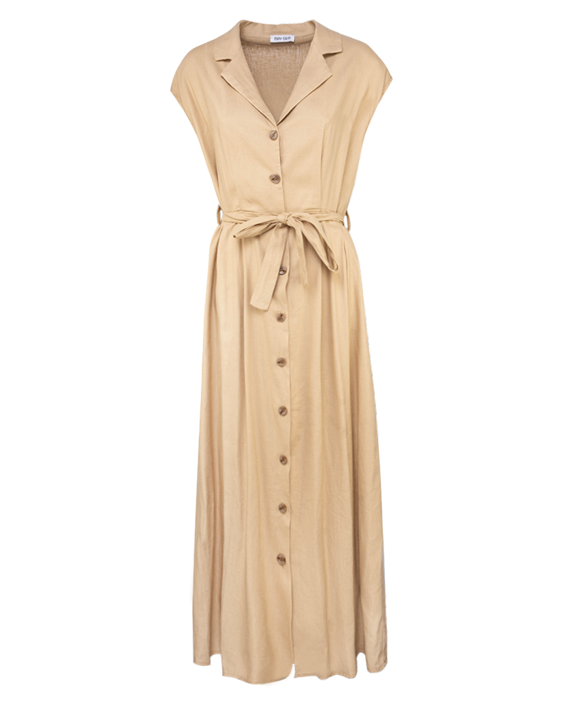 langes Leinen Kleid mit kurzen Ärmeln und Gürtel