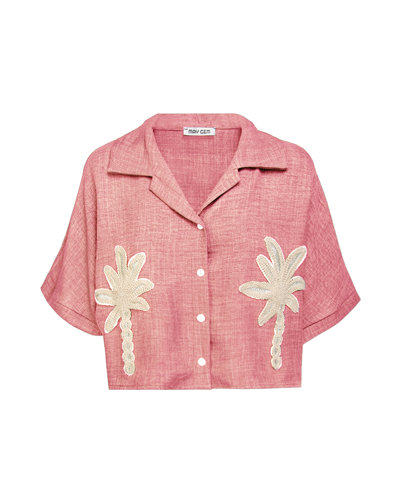 Kurzarm Bluse mit Palmen Kurzarm Bluse mit Palmen