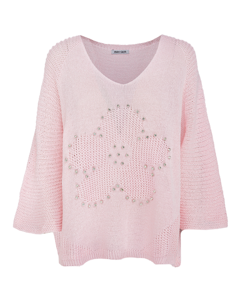 Strick Pullover mit glitzernden Steinchen in Blumenform