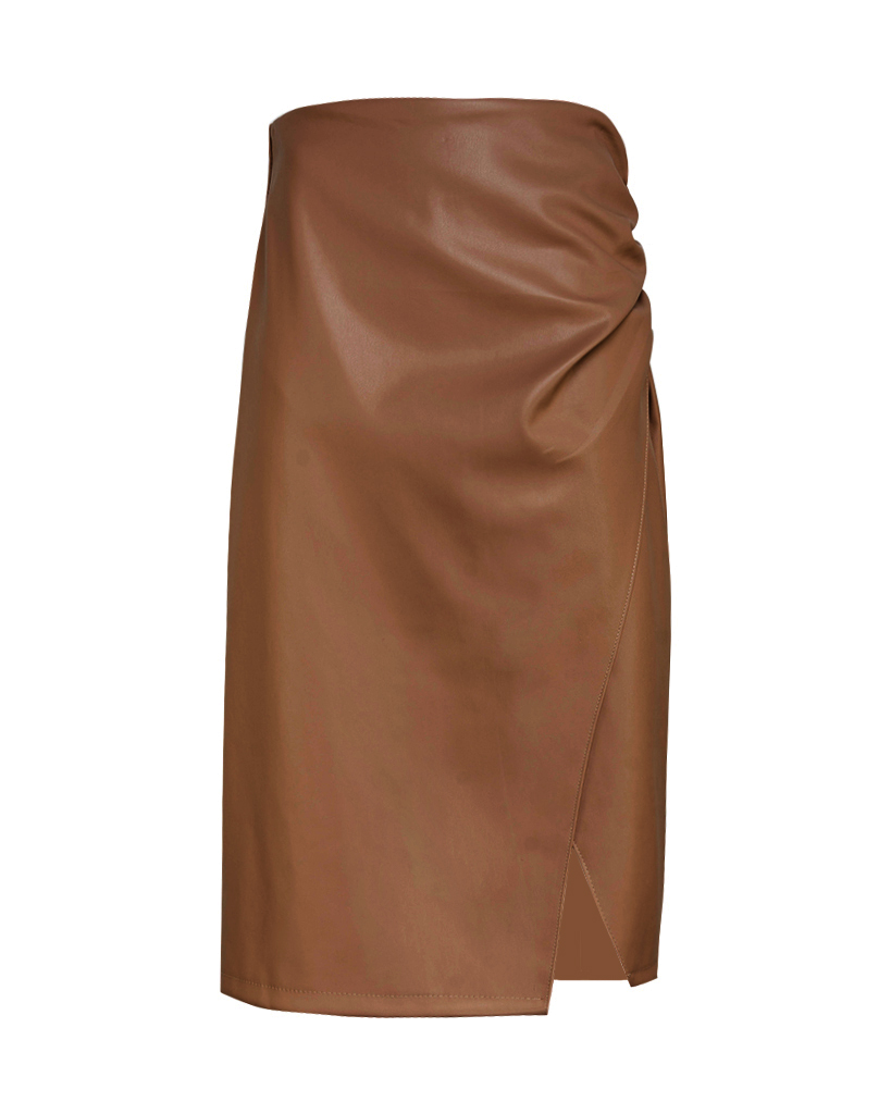 Leder Rocks Veganer Midi Leder Rock mit Schlitz und Raffung